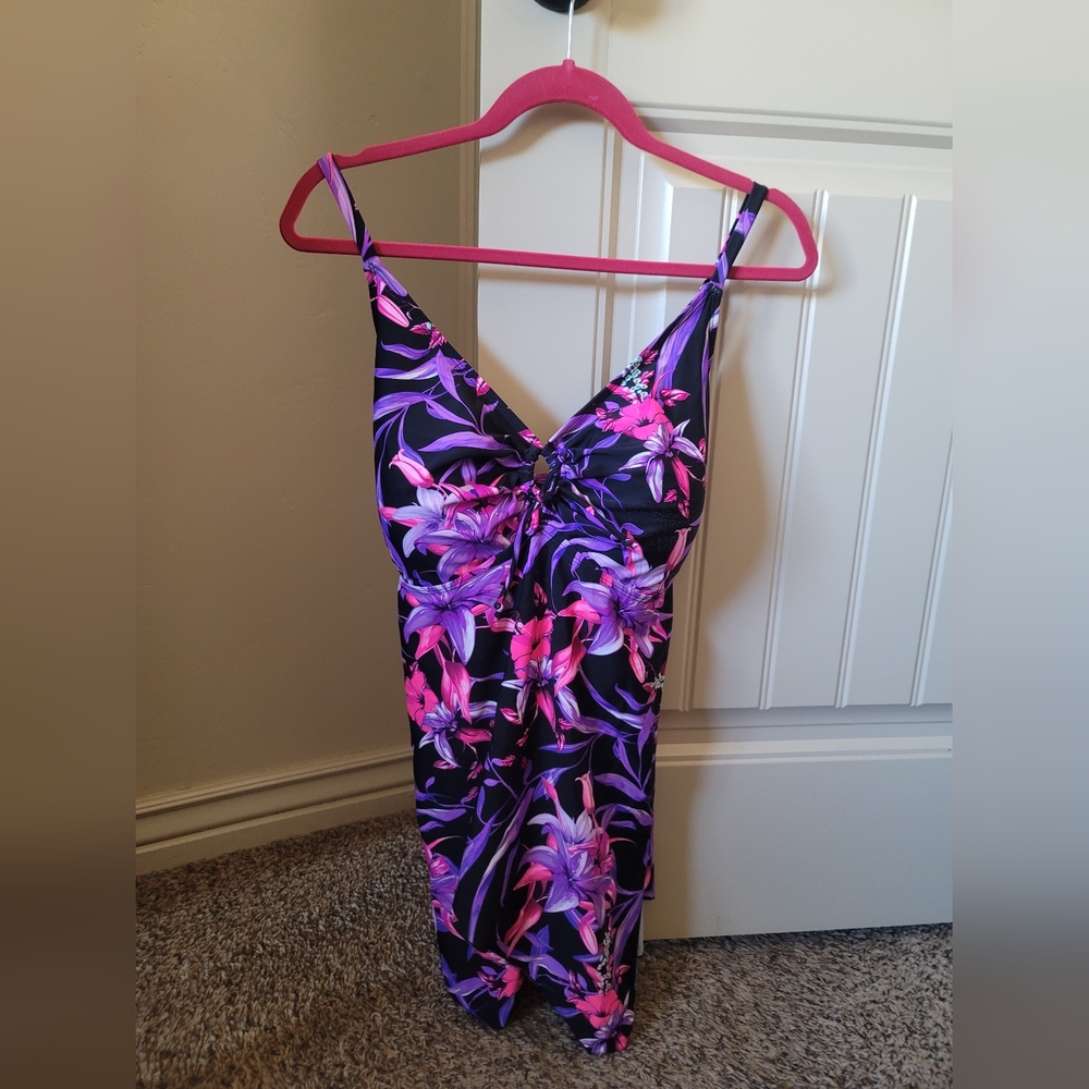 'Black, pink and purple tankini top
